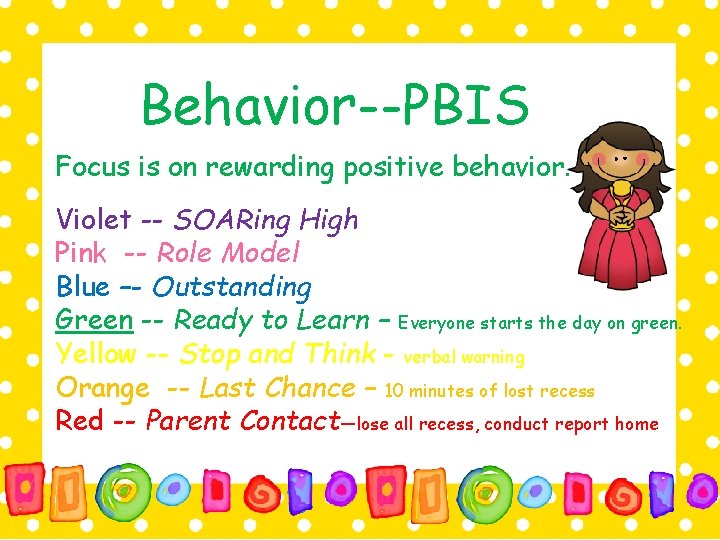 Behavior--PBIS Focus is on rewarding positive behavior. Violet -- SOARing High Pink -- Role