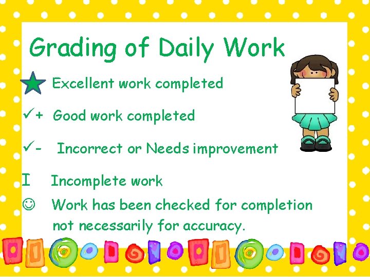 Grading of Daily Work Excellent work completed + Good work completed - Incorrect or