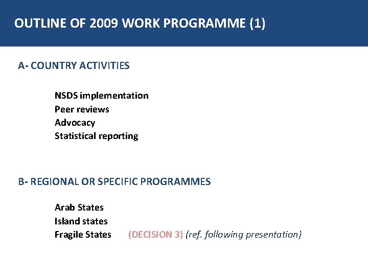 OUTLINE OF 2009 WORK PROGRAMME (1) A- COUNTRY ACTIVITIES 1. 2. 3. NSDS implementation