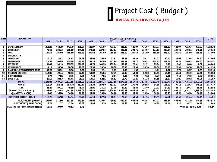 Project Cost ( Budget ) ITALIAN THAI HONGSA Co. , Ltd. 