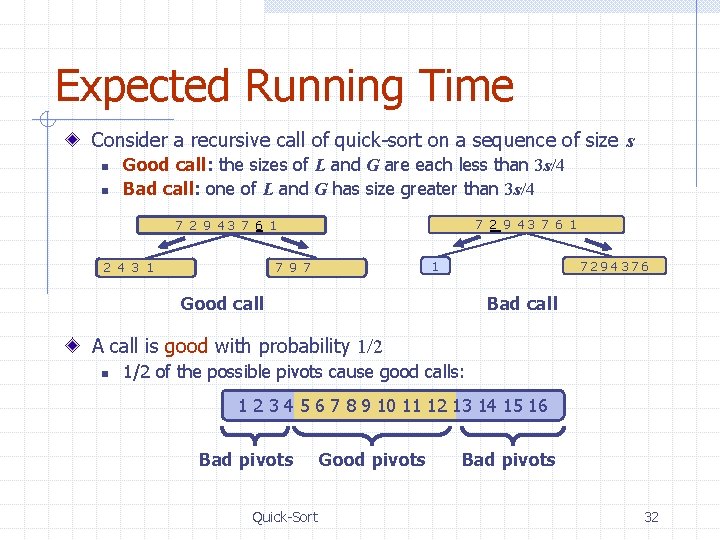 Expected Running Time Consider a recursive call of quick-sort on a sequence of size