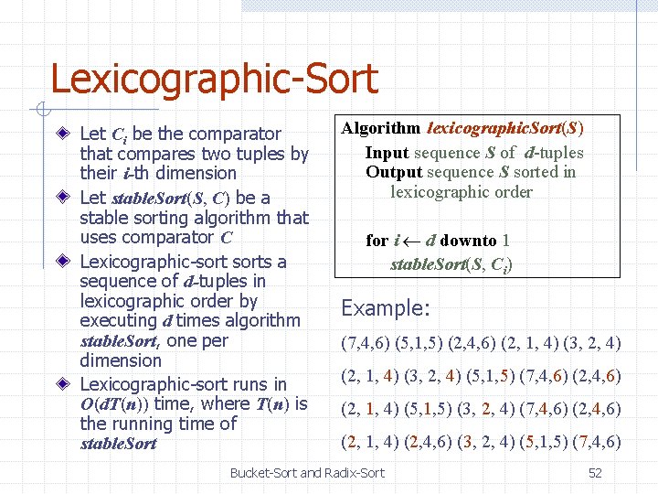 Lexicographic-Sort Let Ci be the comparator that compares two tuples by their i-th dimension