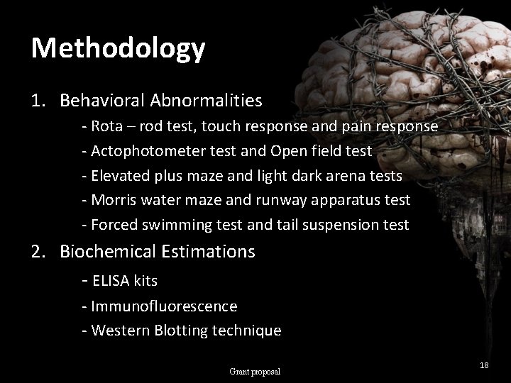 Methodology 1. Behavioral Abnormalities - Rota – rod test, touch response and pain response