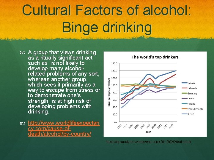 Cultural Factors of alcohol: Binge drinking A group that views drinking as a ritually