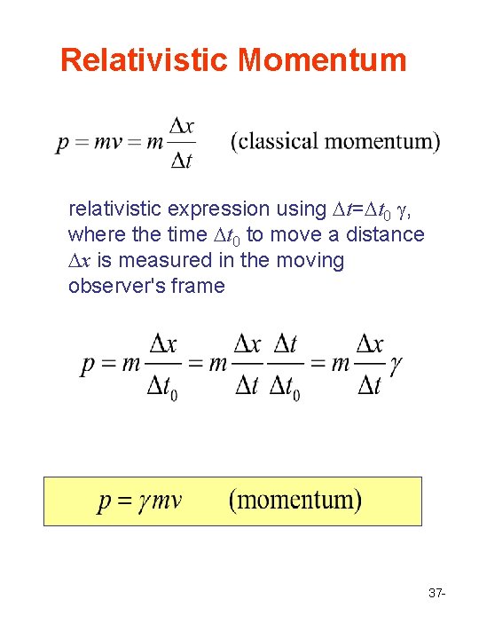 Relativistic Momentum relativistic expression using Dt=Dt 0 g, where the time Dt 0 to