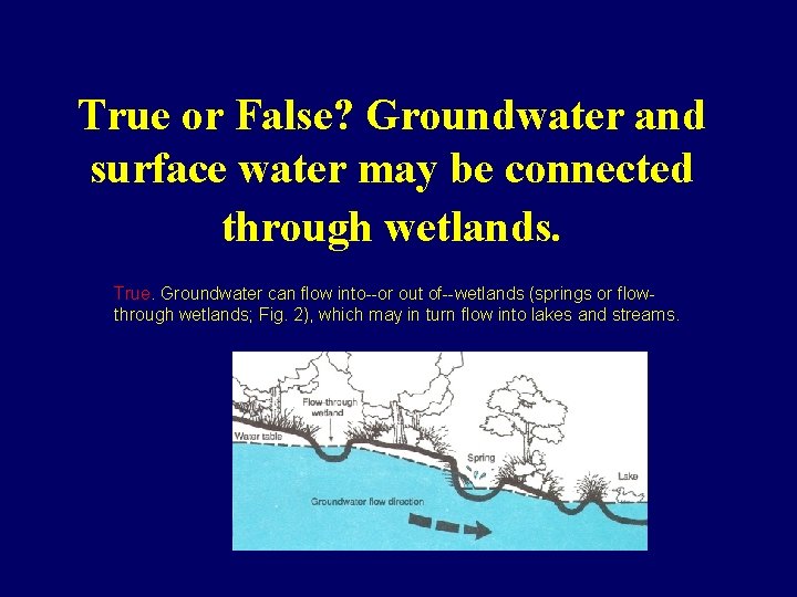 True or False? Groundwater and surface water may be connected through wetlands. True. Groundwater
