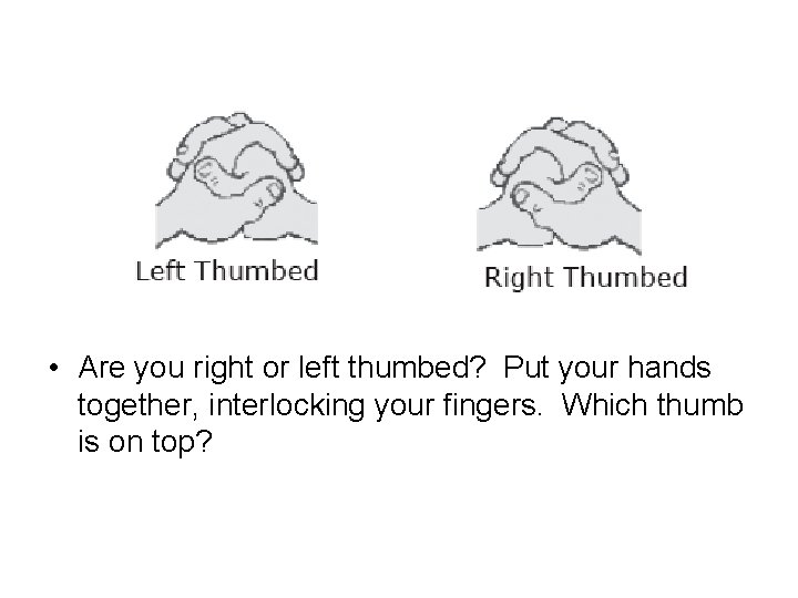  • Are you right or left thumbed? Put your hands together, interlocking your