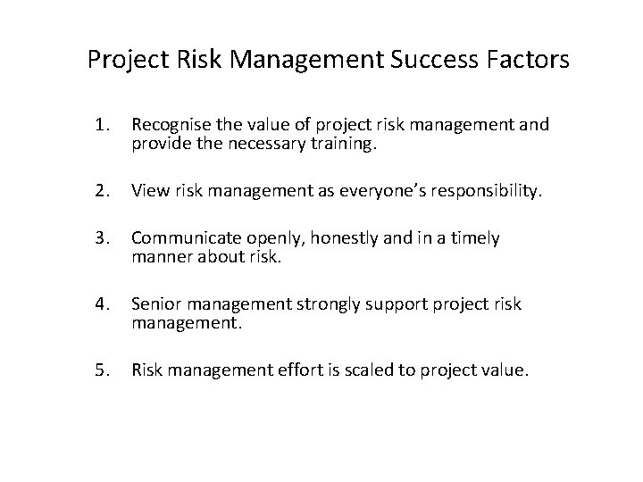 Project Risk Management Success Factors 1. Recognise the value of project risk management and