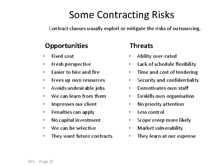 Some Contracting Risks Contract clauses usually exploit or mitigate the risks of outsourcing. Opportunities