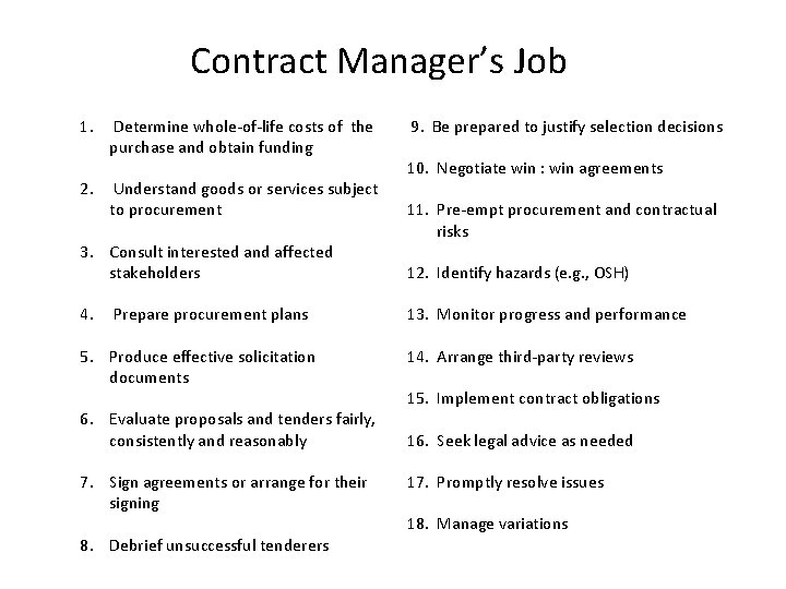 Contract Manager’s Job 1. Determine whole-of-life costs of the 9. Be prepared to justify