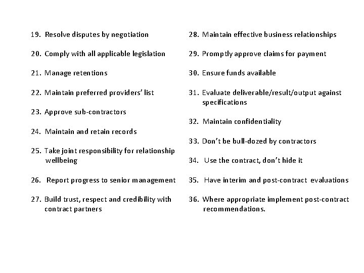 19. Resolve disputes by negotiation 28. Maintain effective business relationships 20. Comply with all