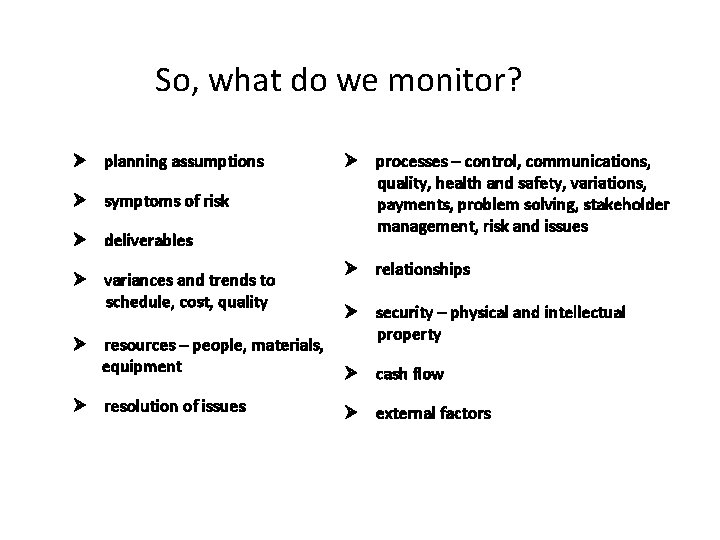 So, what do we monitor? Ø planning assumptions Ø symptoms of risk Ø deliverables
