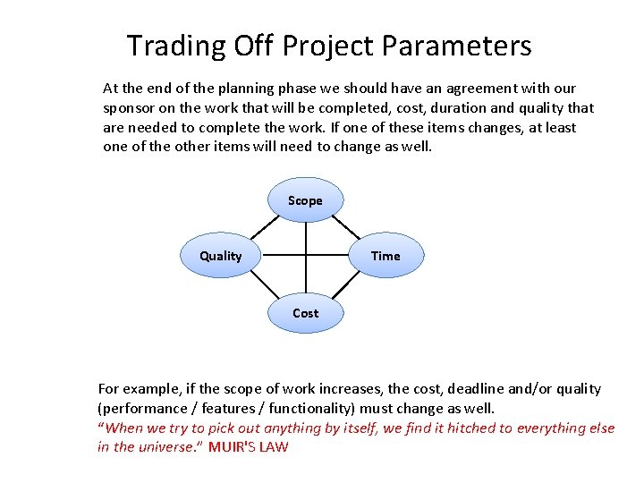 Trading Off Project Parameters At the end of the planning phase we should have