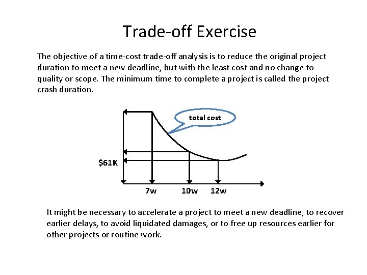 Trade-off Exercise The objective of a time-cost trade-off analysis is to reduce the original