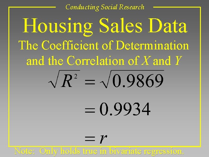 Conducting Social Research Housing Sales Data The Coefficient of Determination and the Correlation of