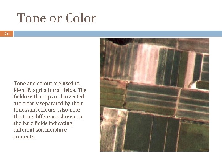 Tone or Color 24 Tone and colour are used to identify agricultural fields. The