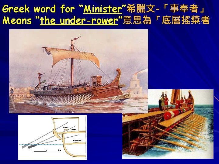 Greek word for “Minister”希臘文-「事奉者」 Means “the under-rower”意思為「底層搖槳者 