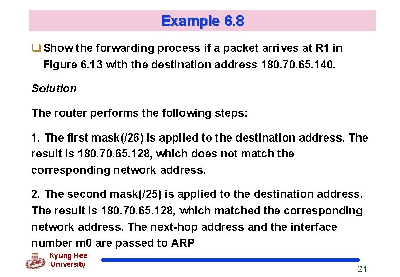 Example 6. 8 Show the forwarding process if a packet arrives at R 1