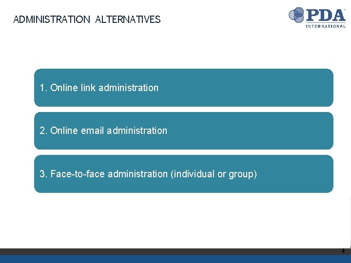 ADMINISTRATION ALTERNATIVES 1. Online link administration 2. Online email administration 3. Face-to-face administration (individual