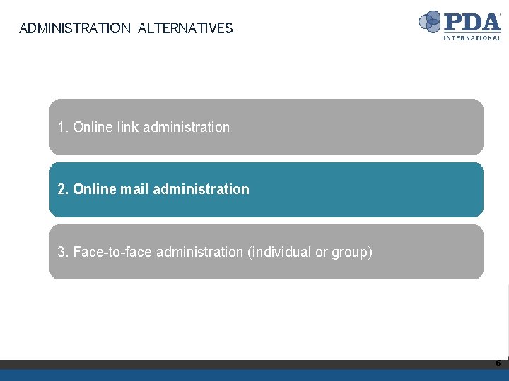 ADMINISTRATION ALTERNATIVES 1. Online link administration 2. Online mail administration 3. Face-to-face administration (individual