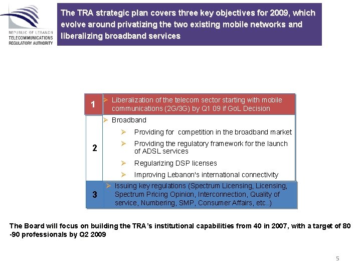 The TRA strategic plan covers three key objectives for 2009, which evolve around privatizing