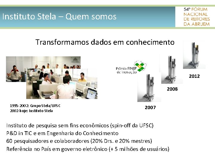 Instituto Stela – Quem somos Transformamos dados em conhecimento 2012 2008 1995 -2002: Grupo