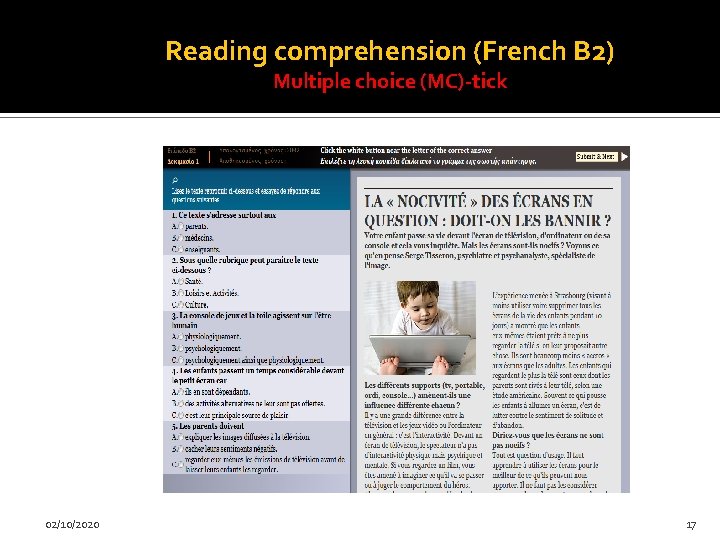Reading comprehension (French B 2) Multiple choice (MC)-tick 02/10/2020 17 