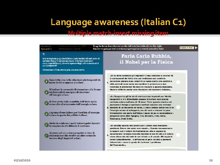 Language awareness (Italian C 1) Multiple match-insert missing item 02/10/2020 20 