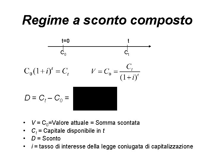 Regime a sconto composto t=0 C 0 t Ct D = Ct – C