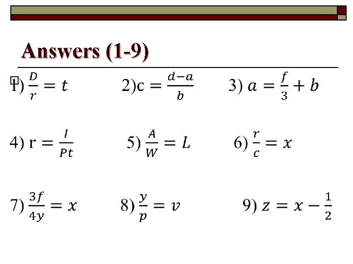 Answers (1 -9) o 