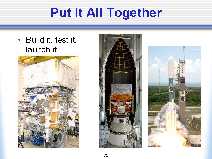 Put It All Together • Build it, test it, launch it. 29 