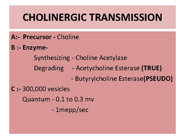 CHOLINERGIC TRANSMISSION A: - Precursor - Choline B : - Enzyme. Synthesizing - Choline