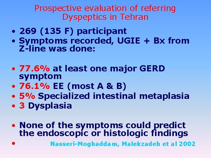 Prospective evaluation of referring Dyspeptics in Tehran • 269 (135 F) participant • Symptoms