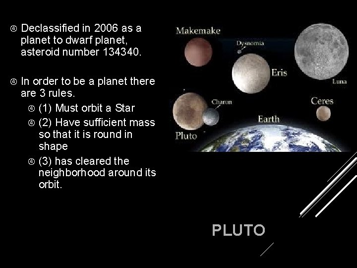  Declassified in 2006 as a planet to dwarf planet, asteroid number 134340. In