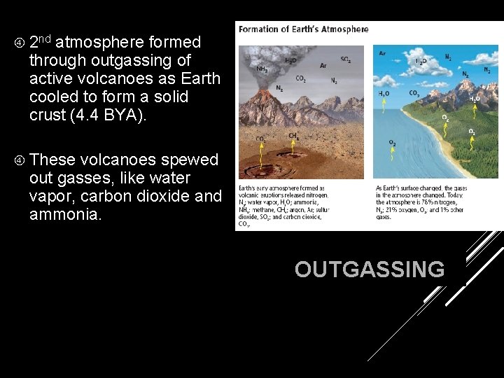  2 nd atmosphere formed through outgassing of active volcanoes as Earth cooled to