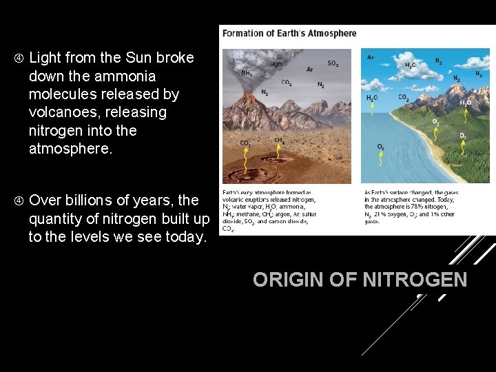  Light from the Sun broke down the ammonia molecules released by volcanoes, releasing