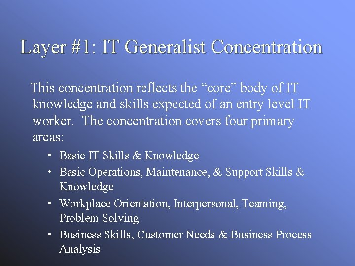 Layer #1: IT Generalist Concentration This concentration reflects the “core” body of IT knowledge