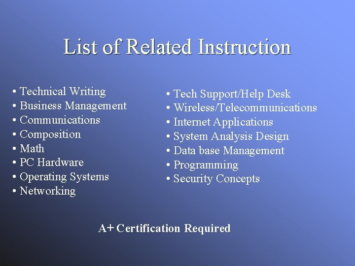 List of Related Instruction • Technical Writing • Business Management • Communications • Composition