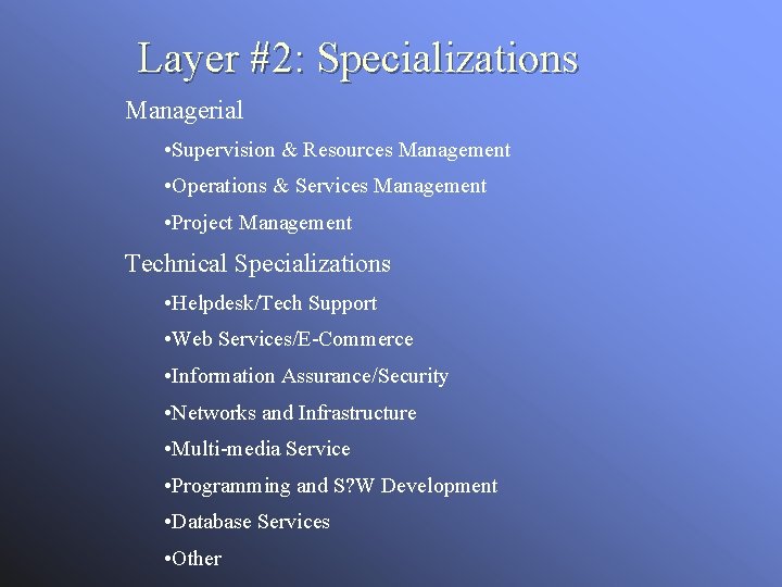 Layer #2: Specializations Managerial • Supervision & Resources Management • Operations & Services Management