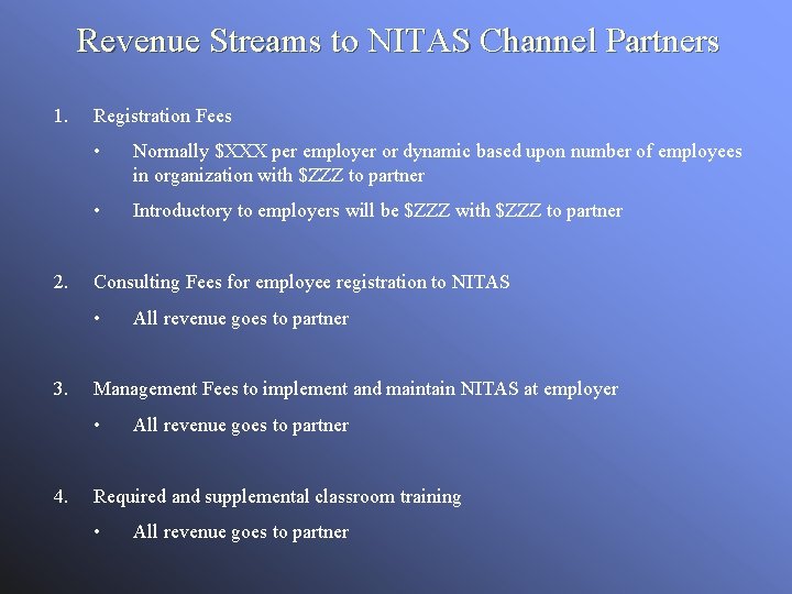 Revenue Streams to NITAS Channel Partners 1. 2. Registration Fees • Normally $XXX per