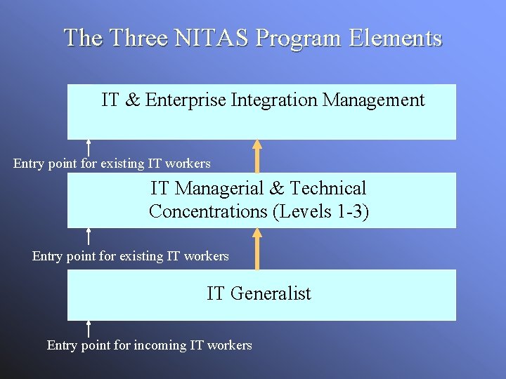 The Three NITAS Program Elements IT & Enterprise Integration Management Entry point for existing