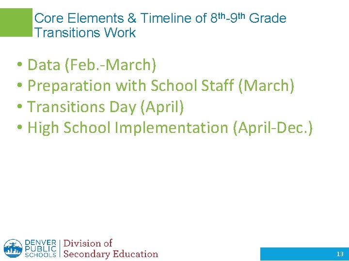 Core Elements & Timeline of 8 th-9 th Grade Transitions Work • Data (Feb.