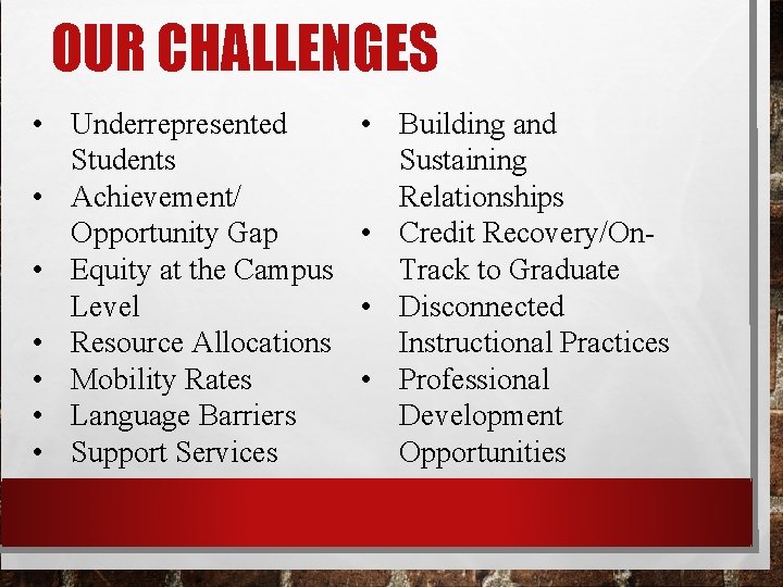 OUR CHALLENGES • Underrepresented Students • Achievement/ Opportunity Gap • Equity at the Campus