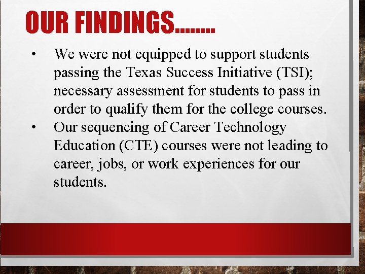 OUR FINDINGS……. . • • We were not equipped to support students passing the
