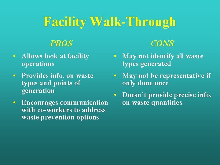 Facility Walk-Through PROS CONS • Allows look at facility operations • May not identify