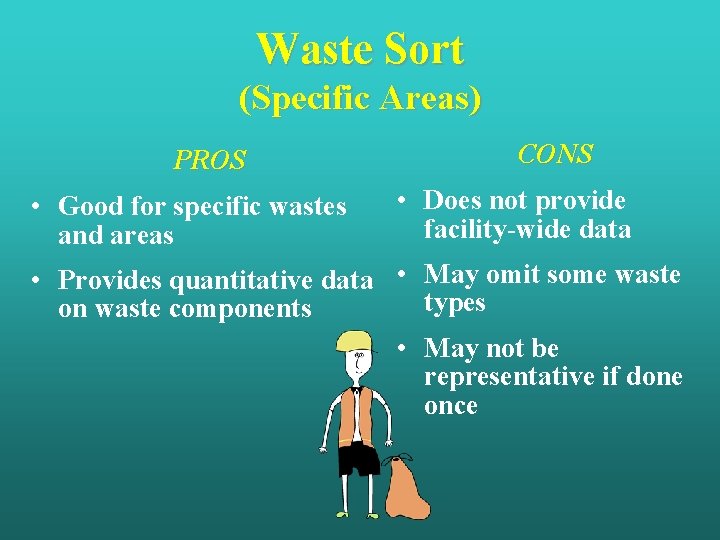 Waste Sort (Specific Areas) PROS • Good for specific wastes and areas CONS •