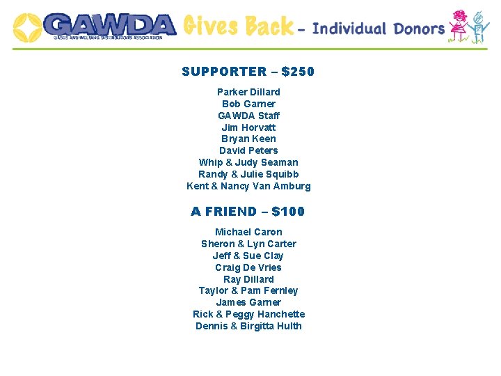 SUPPORTER – $250 Parker Dillard Bob Garner GAWDA Staff Jim Horvatt Bryan Keen David