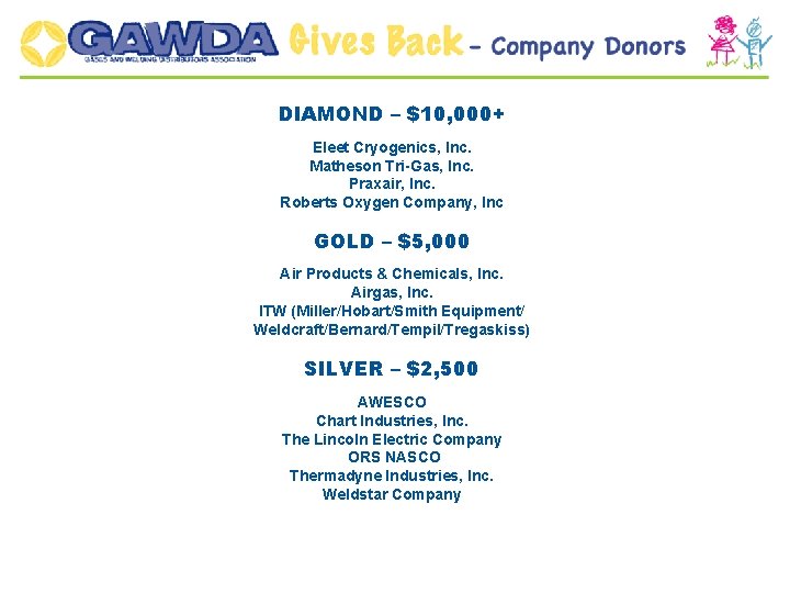 DIAMOND – $10, 000+ Eleet Cryogenics, Inc. Matheson Tri-Gas, Inc. Praxair, Inc. Roberts Oxygen