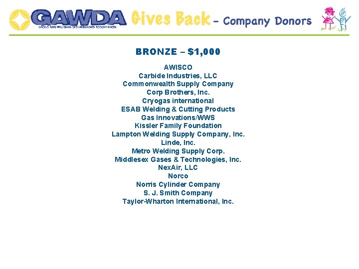 BRONZE – $1, 000 AWISCO Carbide Industries, LLC Commonwealth Supply Company Corp Brothers, Inc.