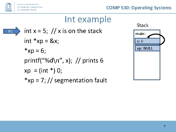 COMP 530: Operating Systems Int example PC int x = 5; // x is COMP 530: Operating Systems Int example PC int x = 5; // x is